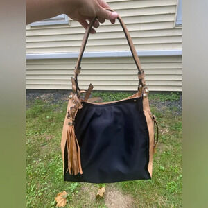 SONDRA ROBERTS SQUARED Black/Tan Hobo Bag with Tassel